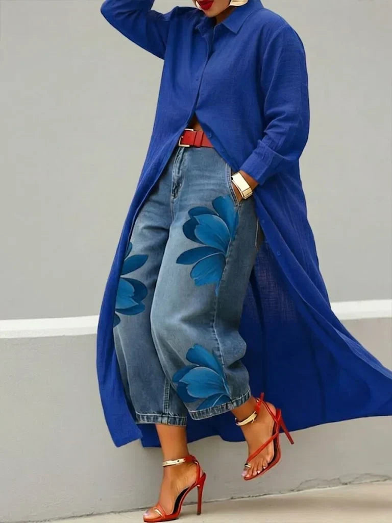 Mallory |  Stylish Shirt Dress and Floral Jeans Set 3