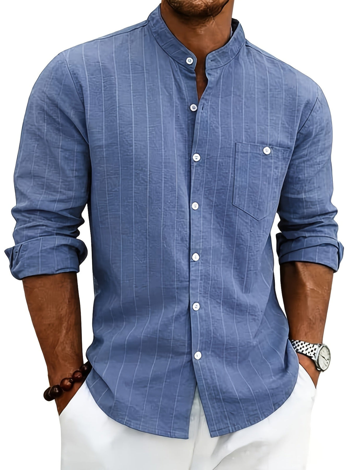 Men's Striped Button-Up Shirt Stand Collar Long Sleeve 3