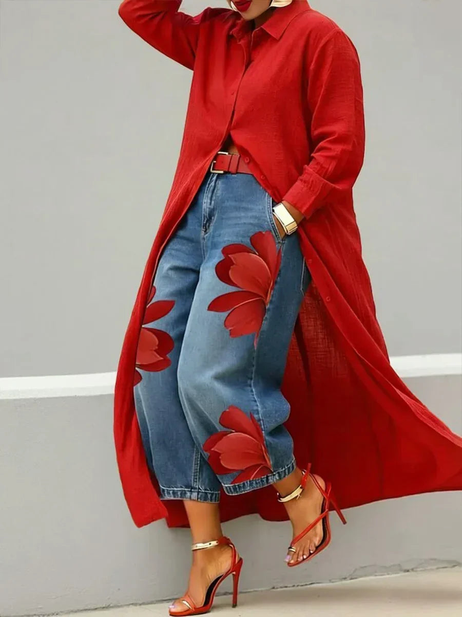 Mallory |  Stylish Shirt Dress and Floral Jeans Set 1