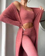 Women's Soft Fleece Crop Top Trousers Cardigan 3-Piece Set 4