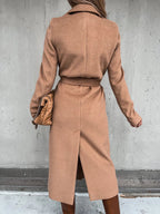 Women's Belted Midi Coat with Notch Lapel Open Front 9