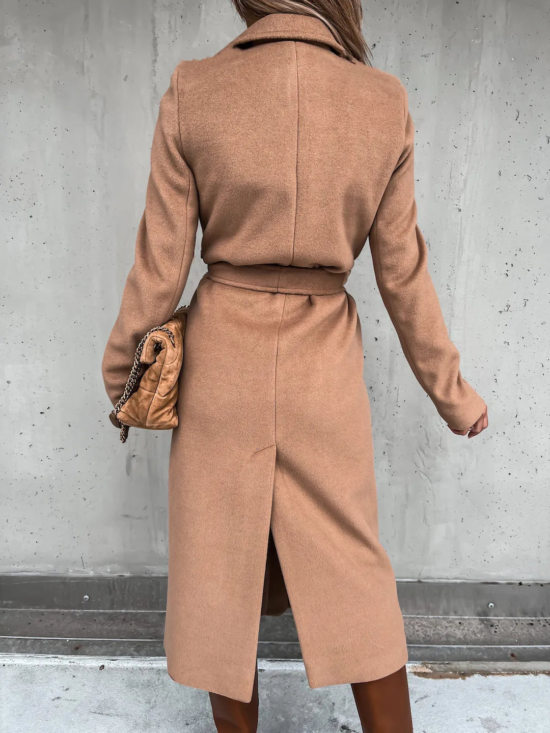 Women's Belted Midi Coat with Notch Lapel Open Front 9