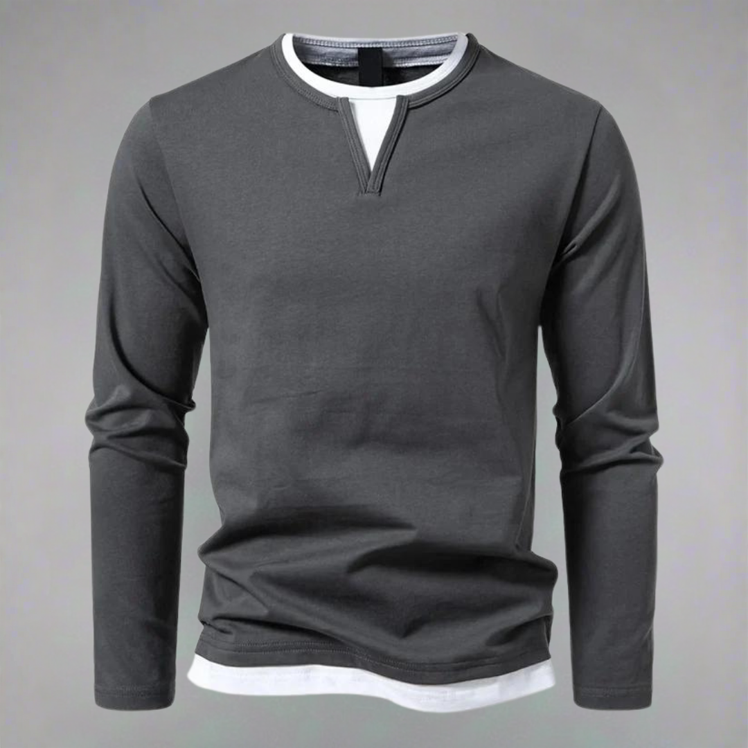 Men's Long Sleeve Notched Neck T-Shirt with Layered Look 1