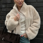 Women's Plush Bomber Jacket with High Collar and Zip Front 1