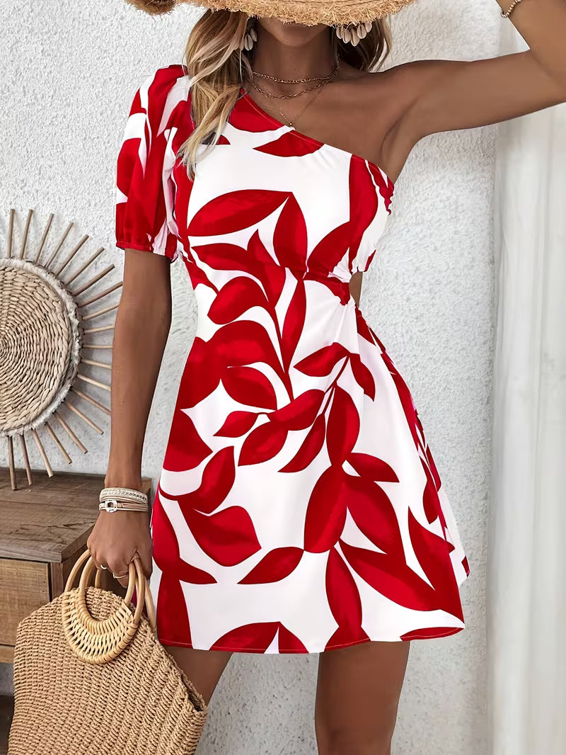 Celia | One-Shoulder Leaf Print Mini Dress 2