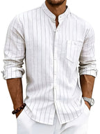 Men's Striped Button-Up Shirt Stand Collar Long Sleeve 1