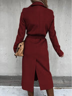 Women's Belted Midi Coat with Notch Lapel Open Front 11