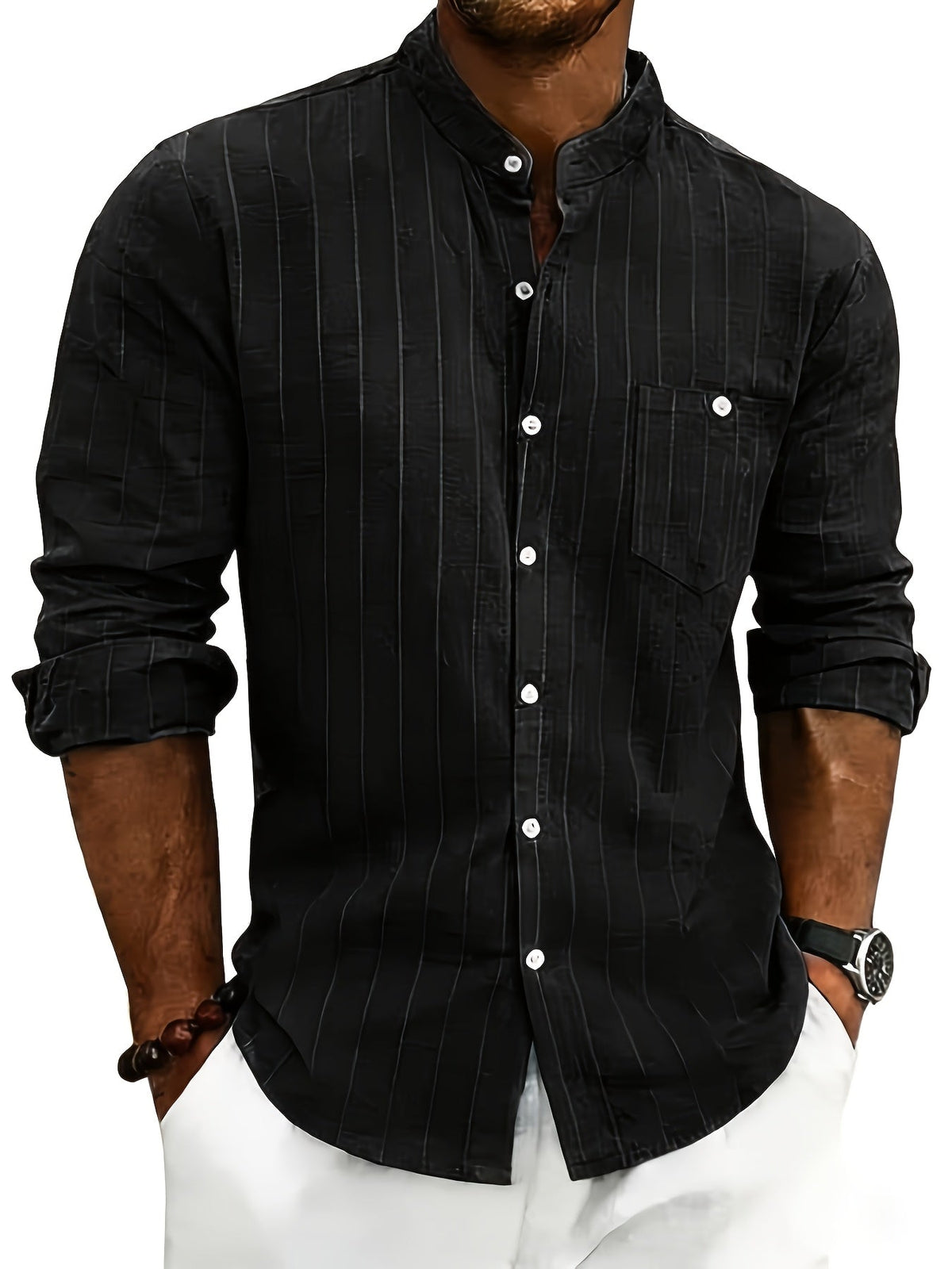 Men's Striped Button-Up Shirt Stand Collar Long Sleeve 5