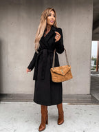 Women's Belted Midi Coat with Notch Lapel Open Front 3