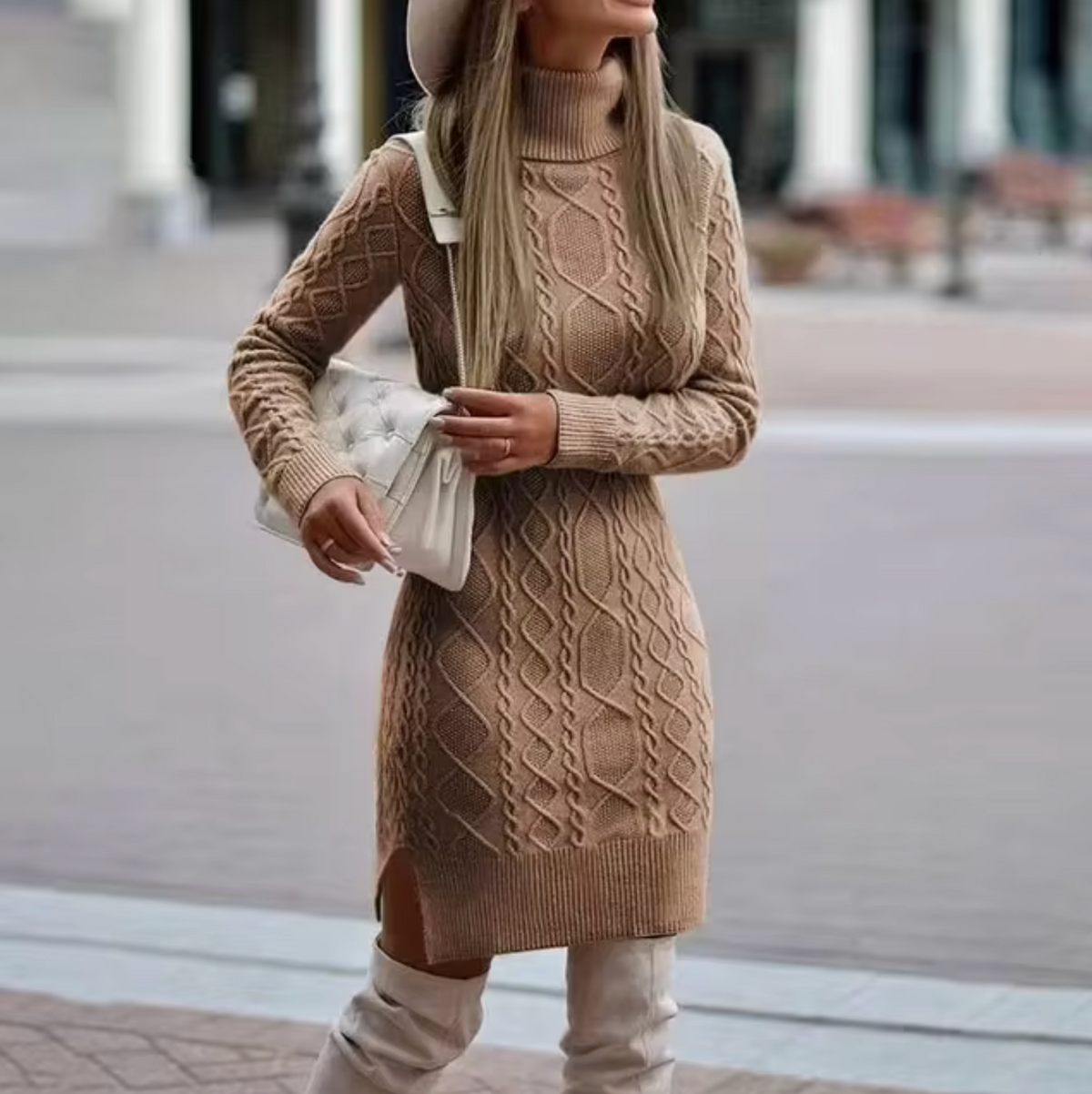 Women's Cable-Knit Turtleneck Sweater Dress with Side Slit 2