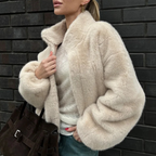 Women's Plush Bomber Jacket with High Collar and Zip Front 2