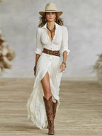Crissanta | Long Belted Dress With Pleated Lapels 1