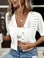 Women's Open-Knit Short-Sleeve Cardigan Button-Front 21