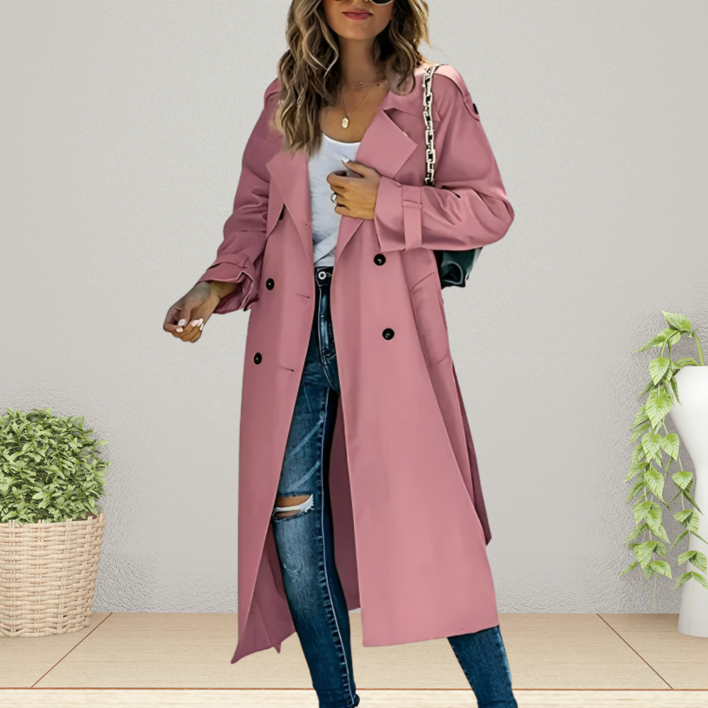Women's Double-Breasted Trench Coat with Turn-Down Collar 1