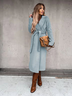 Women's Belted Midi Coat with Notch Lapel Open Front 4