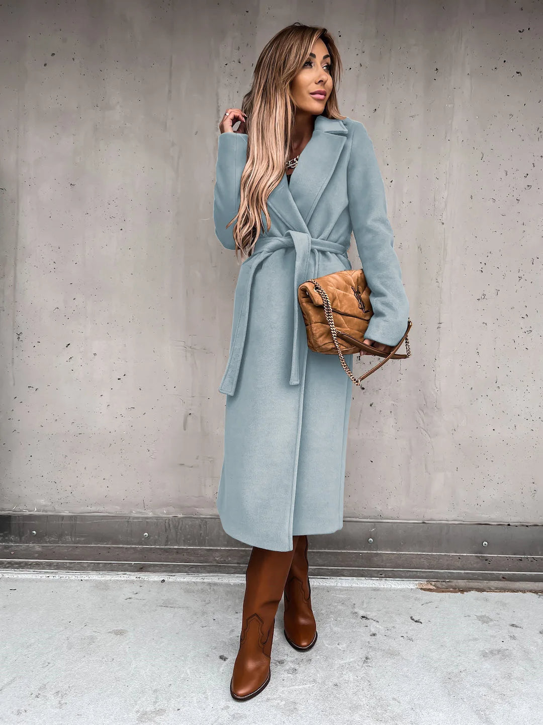 Women's Belted Midi Coat with Notch Lapel Open Front 4