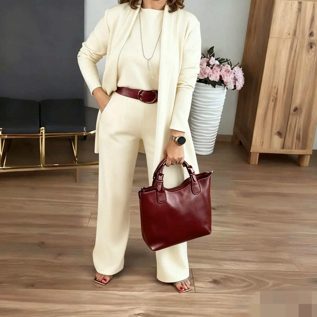 Women's 3-Piece Lounge Set with Long Cardigan and Wide-Leg Pants 5