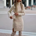 Women's Cable-Knit Turtleneck Sweater Dress with Side Slit 3