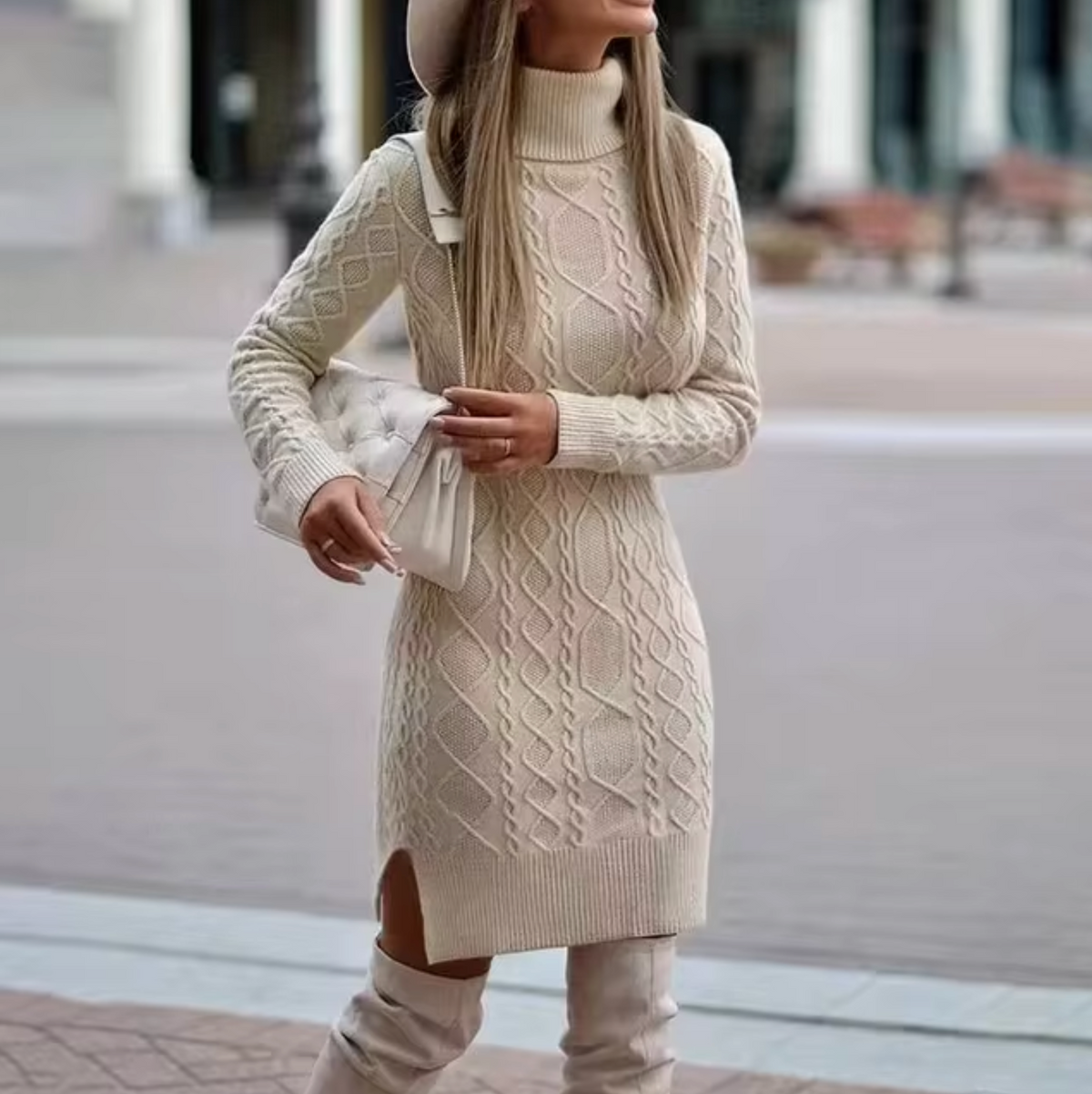 Women's Cable-Knit Turtleneck Sweater Dress with Side Slit 3
