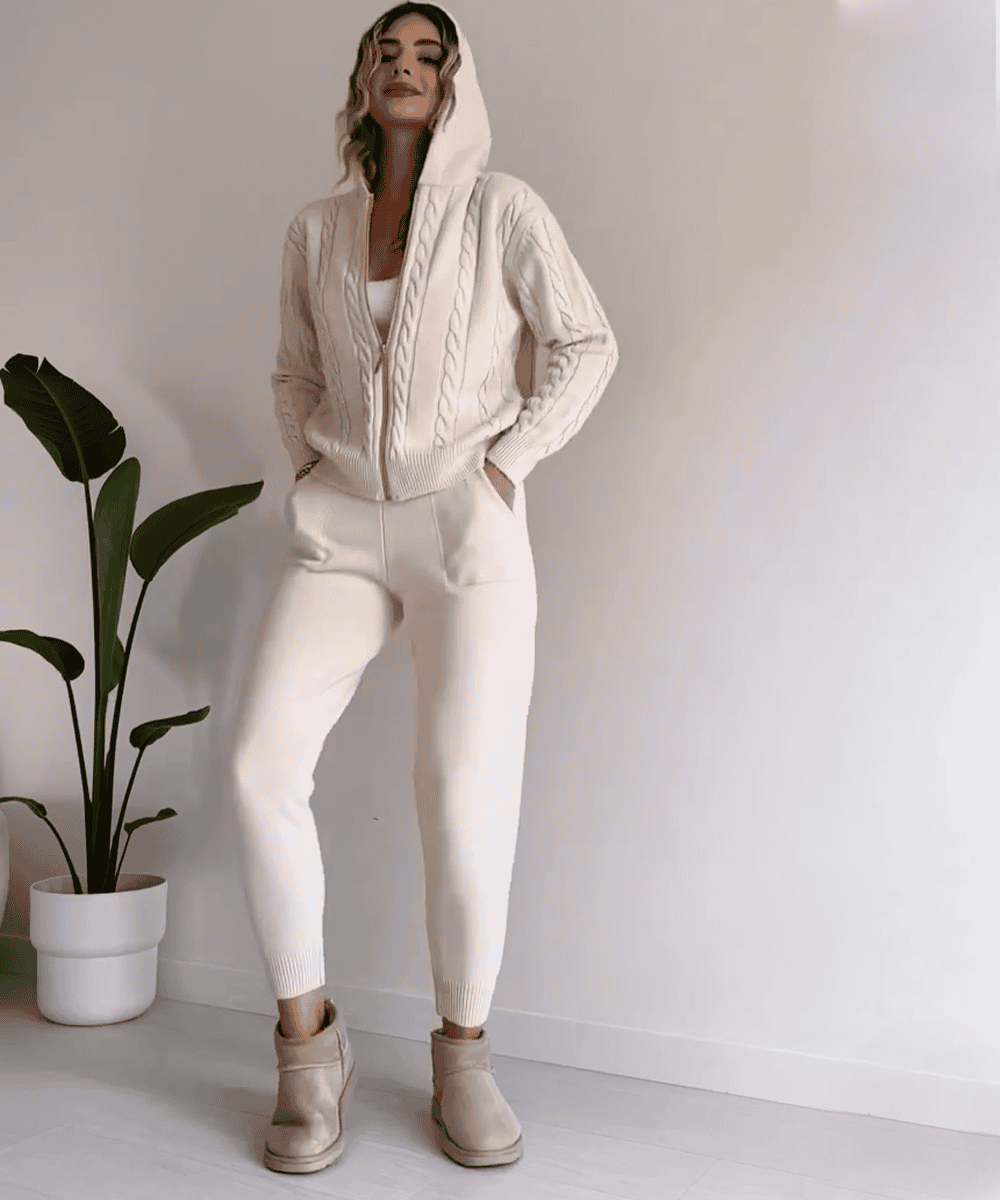 Women's Hooded Cable-Knit Zip Cardigan and Jogger Set 4
