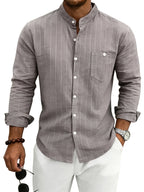 Men's Striped Button-Up Shirt Stand Collar Long Sleeve 7
