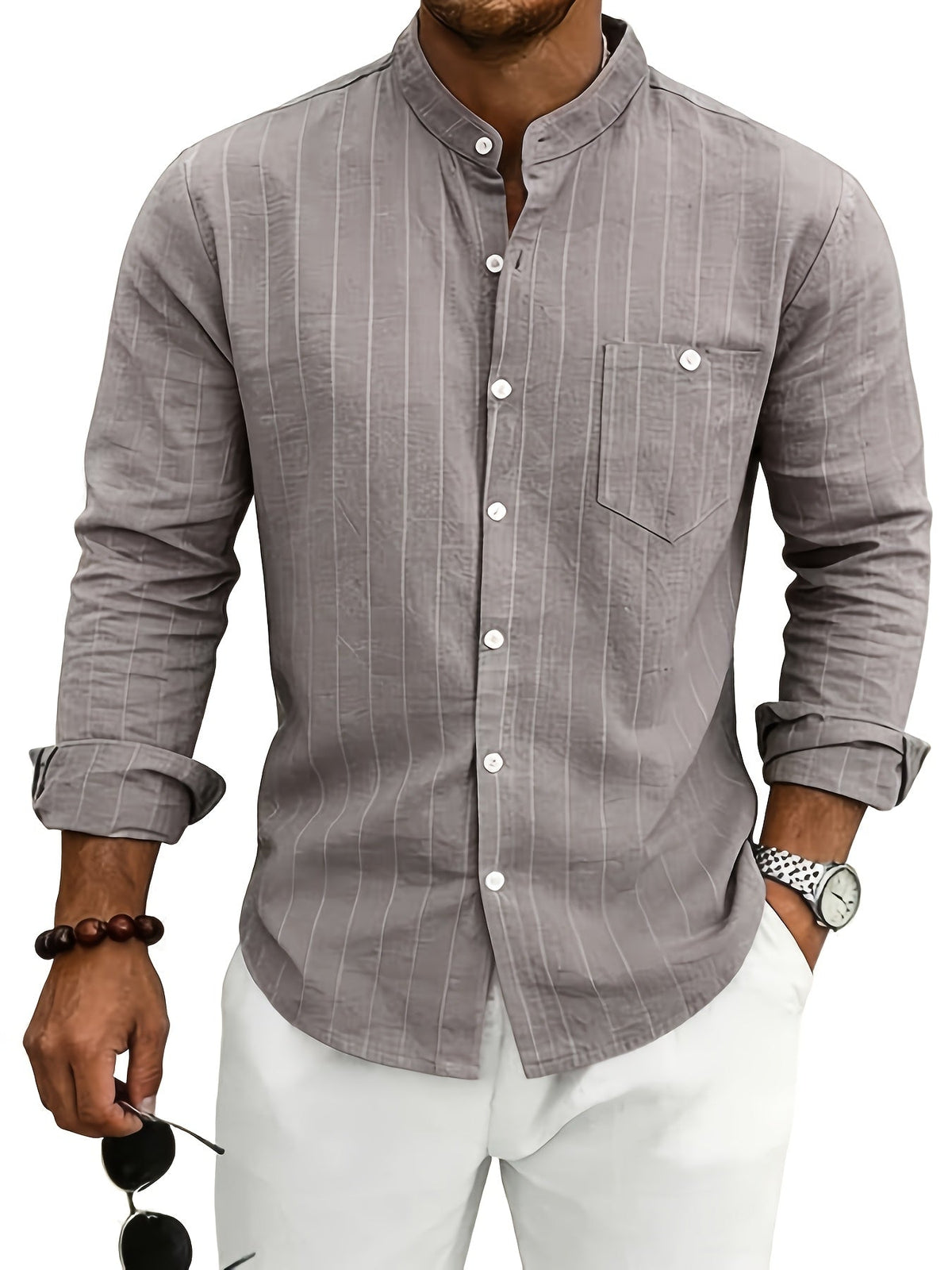 Men's Striped Button-Up Shirt Stand Collar Long Sleeve 7