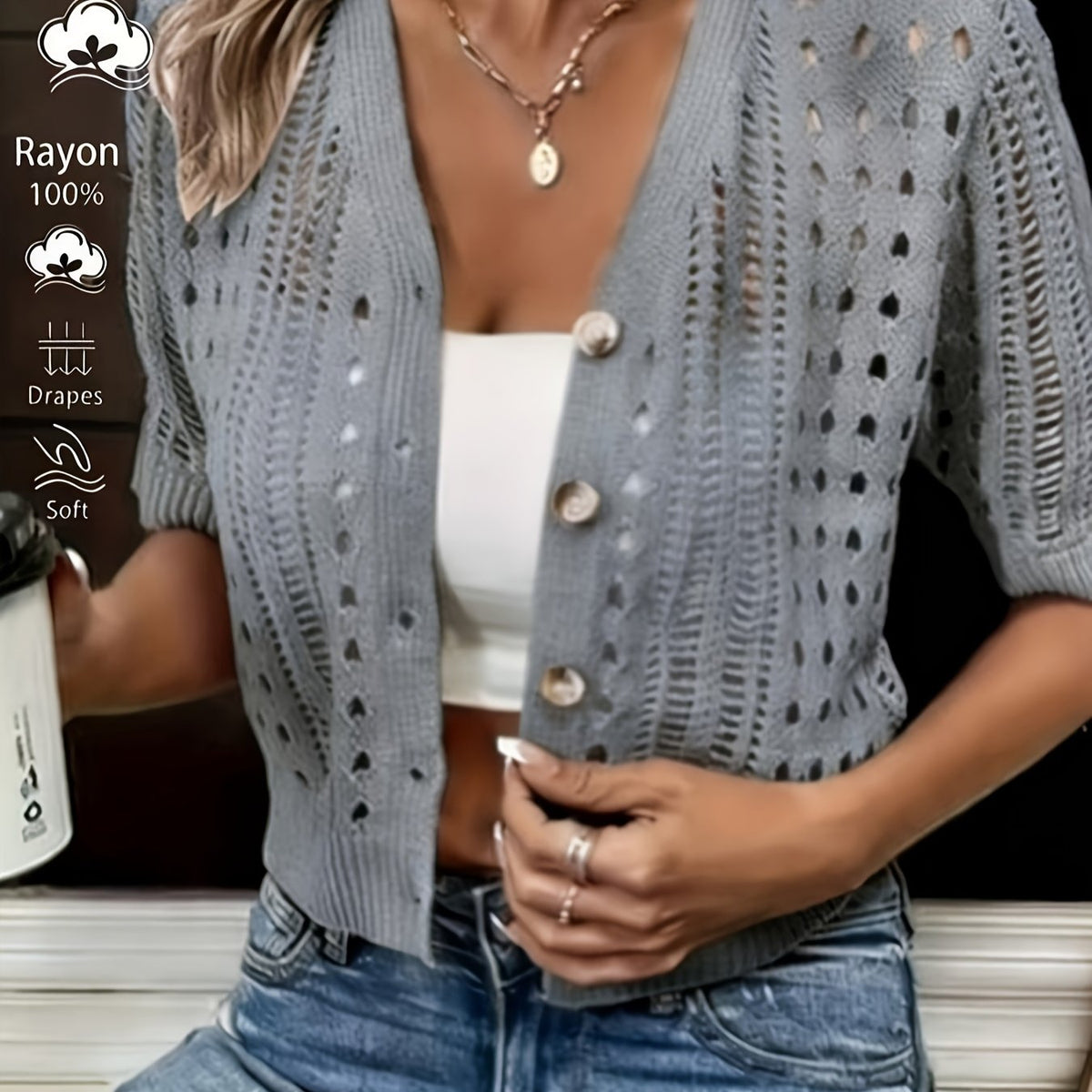 Women's Open-Knit Short-Sleeve Cardigan Button-Front 6