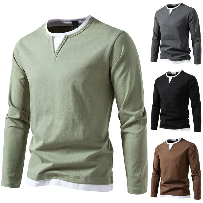 Men's Long Sleeve Notched Neck T-Shirt with Layered Look 6