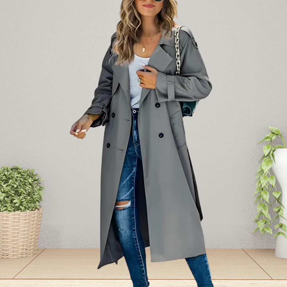 Women's Double-Breasted Trench Coat with Turn-Down Collar 3