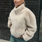 Women's Plush Bomber Jacket with High Collar and Zip Front 4