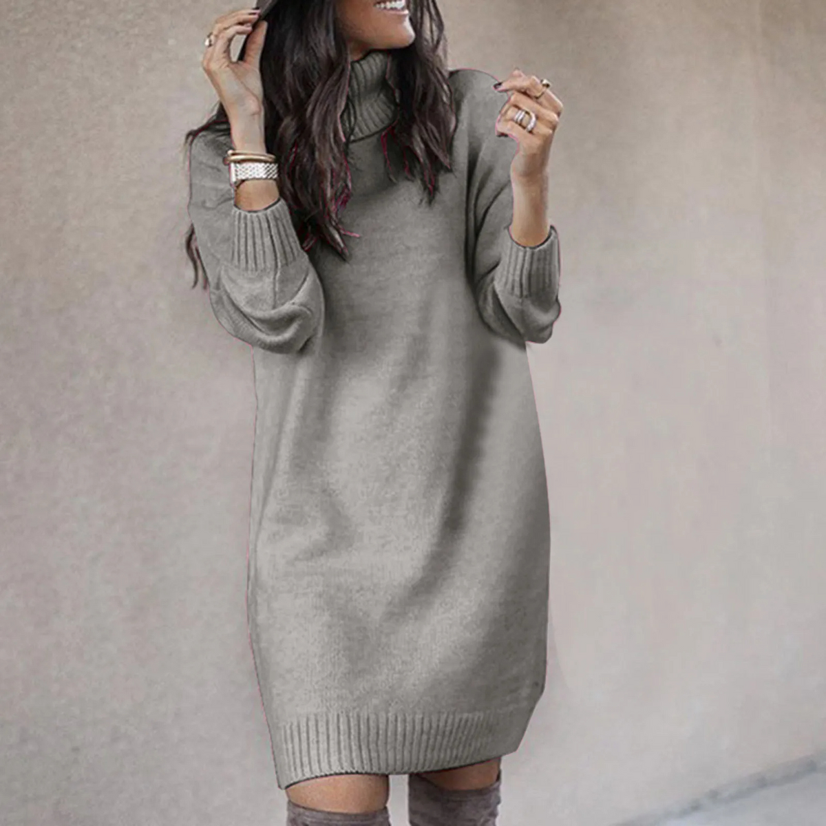 Women's Turtleneck Knit Sweater Dress with Long Sleeves 6
