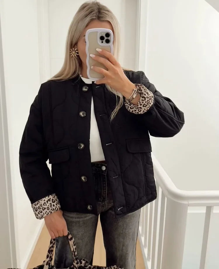 Women's Quilted Jacket with Leopard Print Lining 2