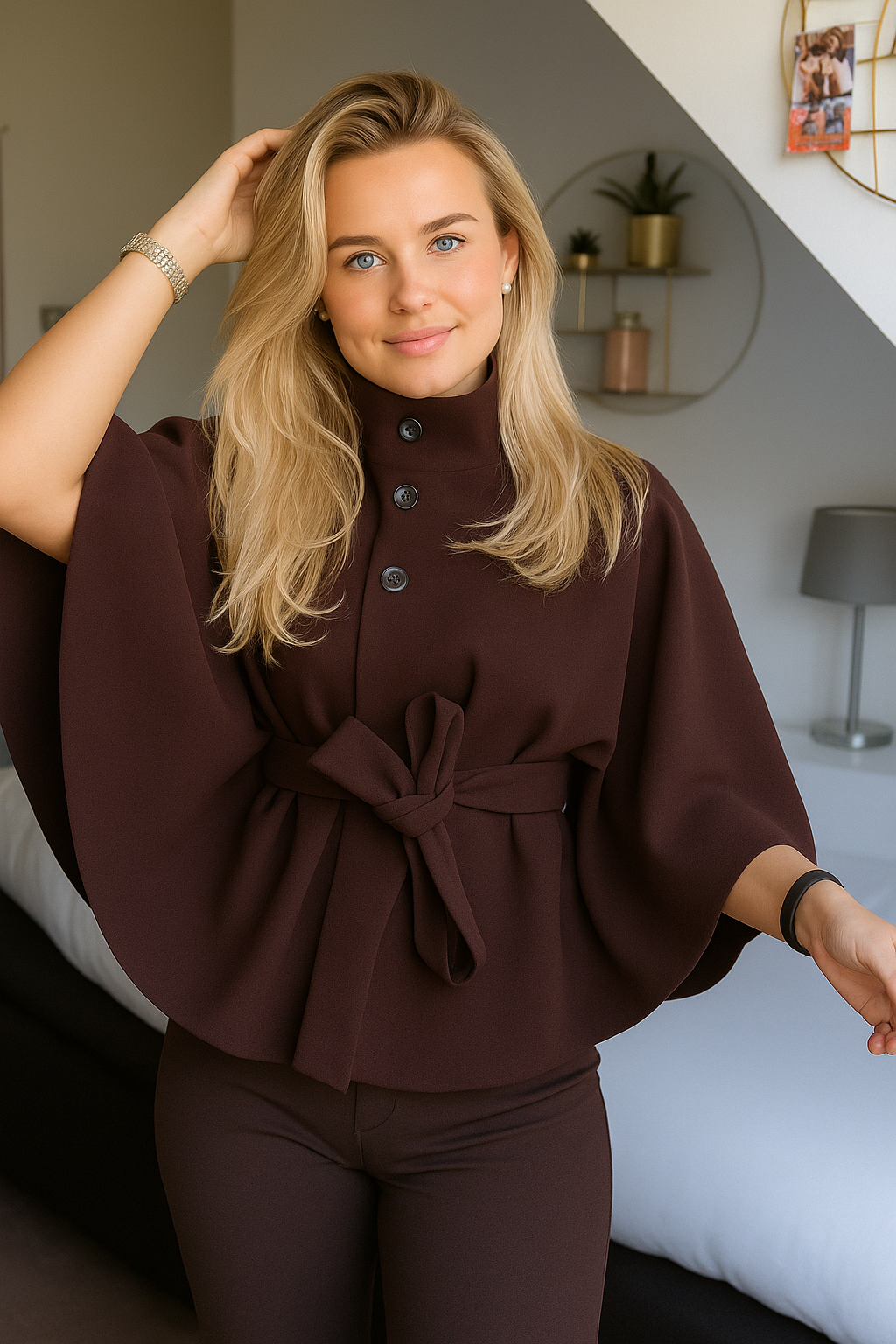 Women's Cape Coat with Belt and Button Closure 12