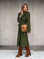 Women's Belted Midi Coat with Notch Lapel Open Front 1