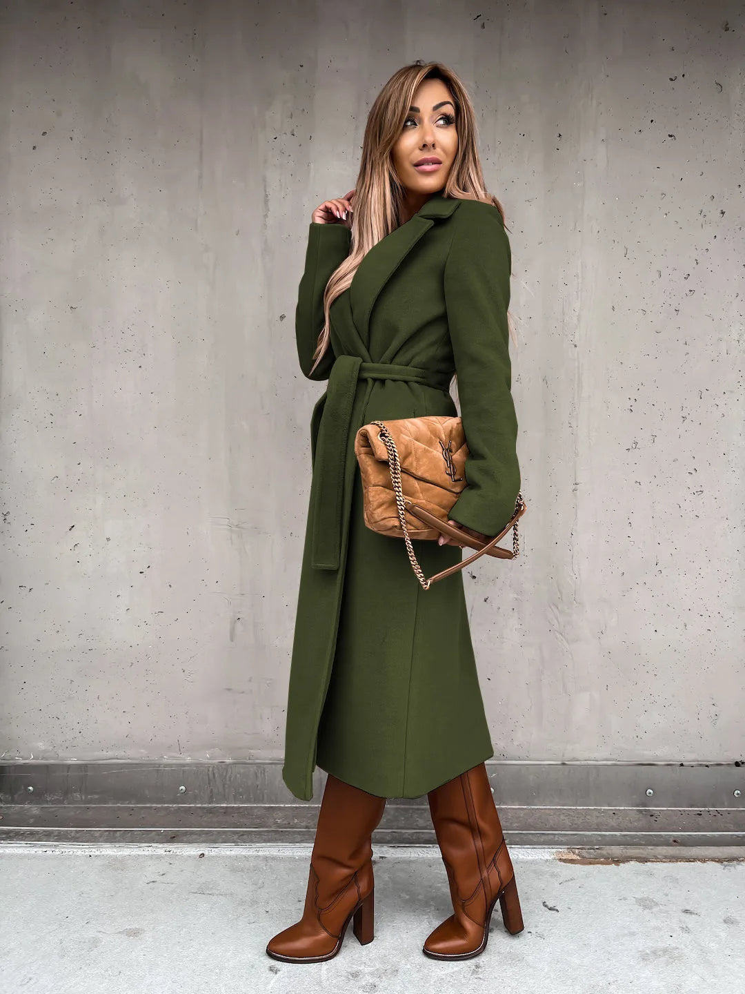 Women's Belted Midi Coat with Notch Lapel Open Front 1