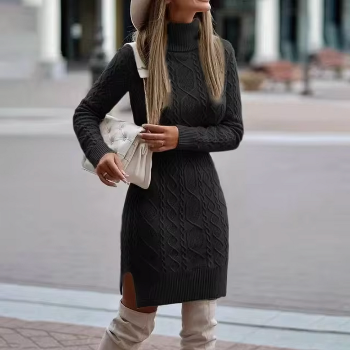 Women's Cable-Knit Turtleneck Sweater Dress with Side Slit 5