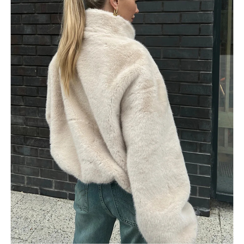 Women's Plush Bomber Jacket with High Collar and Zip Front 5