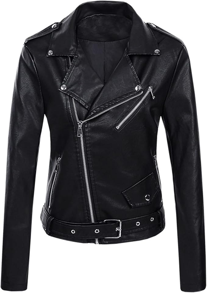 Women's Cropped Biker Jacket with Asymmetric Zip Front 6
