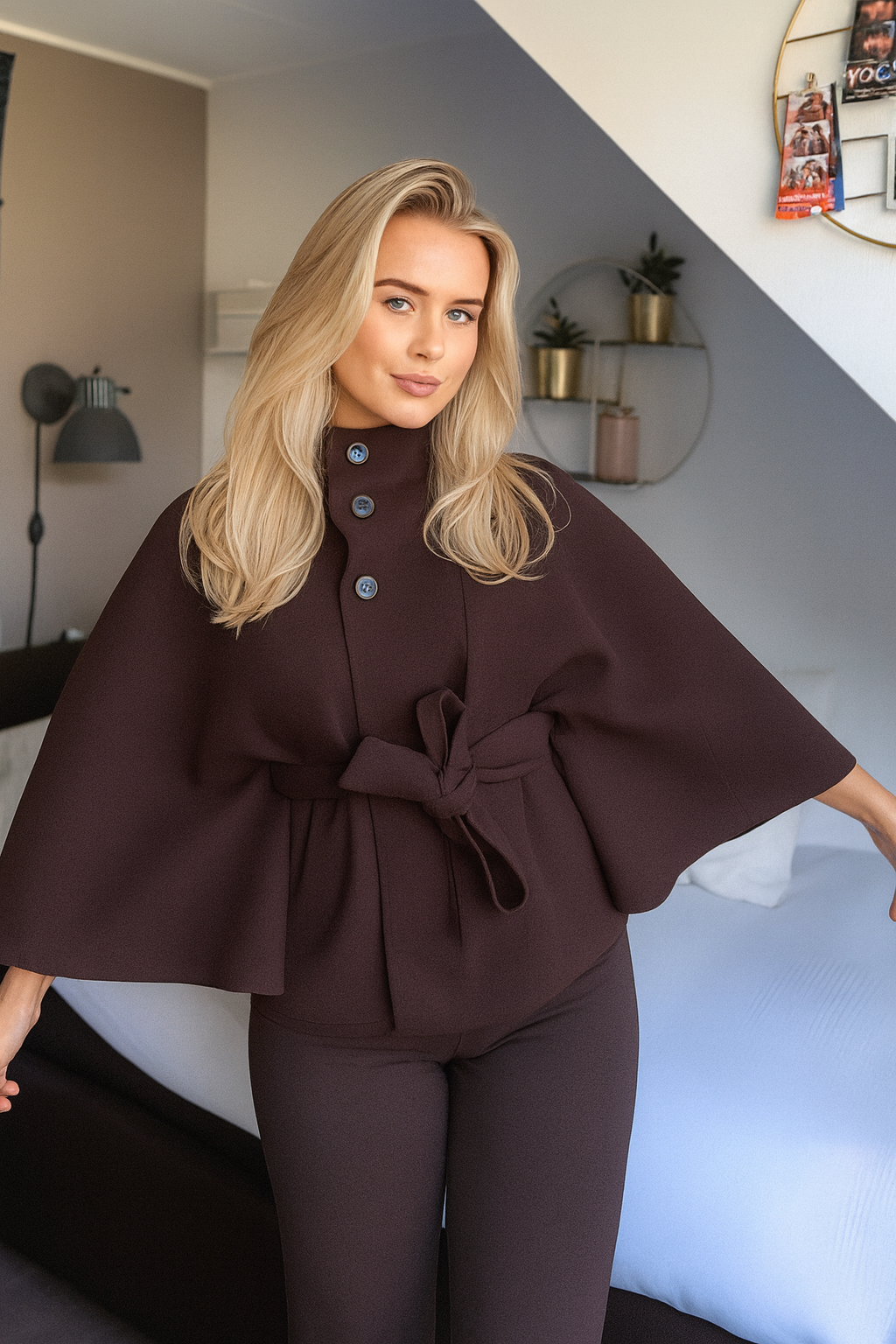 Women's Cape Coat with Belt and Button Closure 11