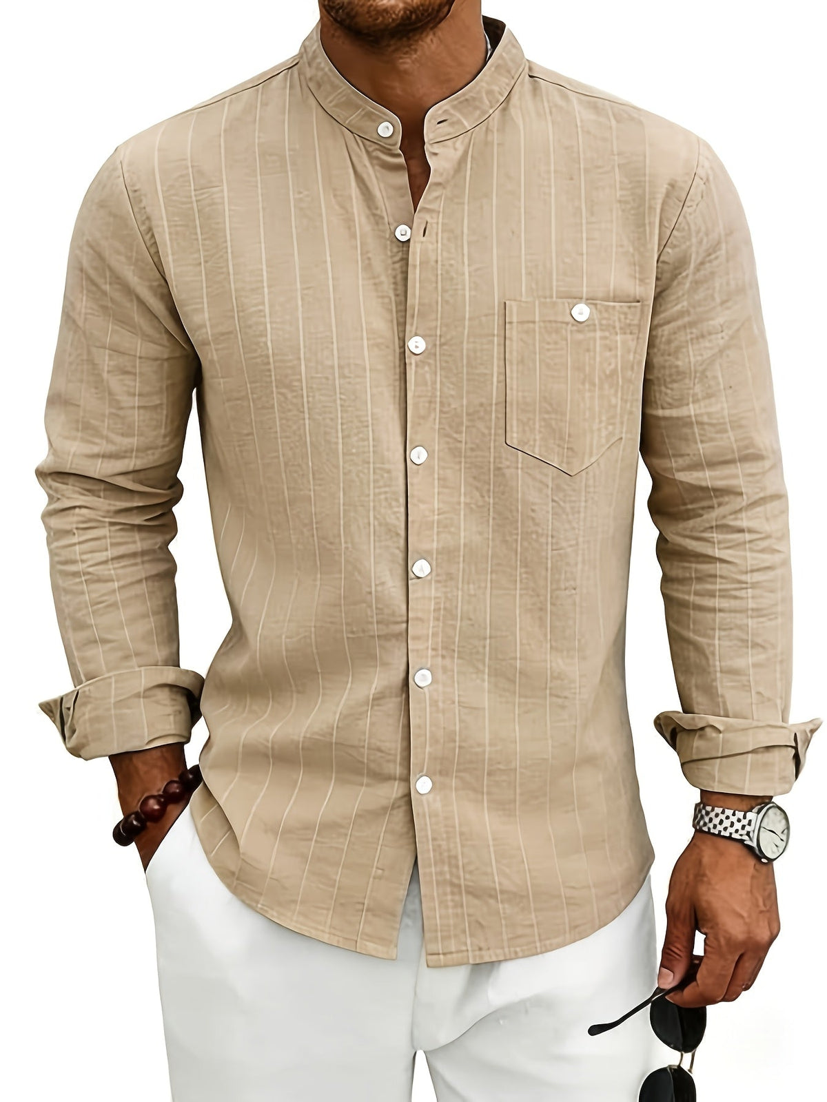 Men's Striped Button-Up Shirt Stand Collar Long Sleeve 4