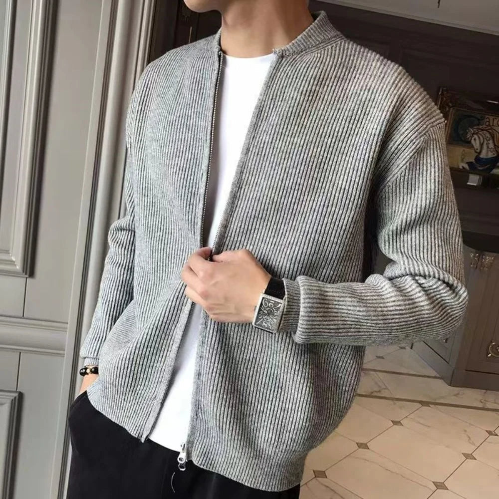 Men's Ribbed Zip-Front Cardigan with Loose Fit 1