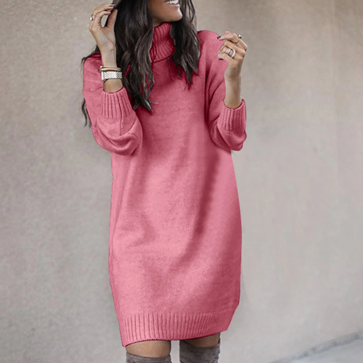 Women's Turtleneck Knit Sweater Dress with Long Sleeves 1