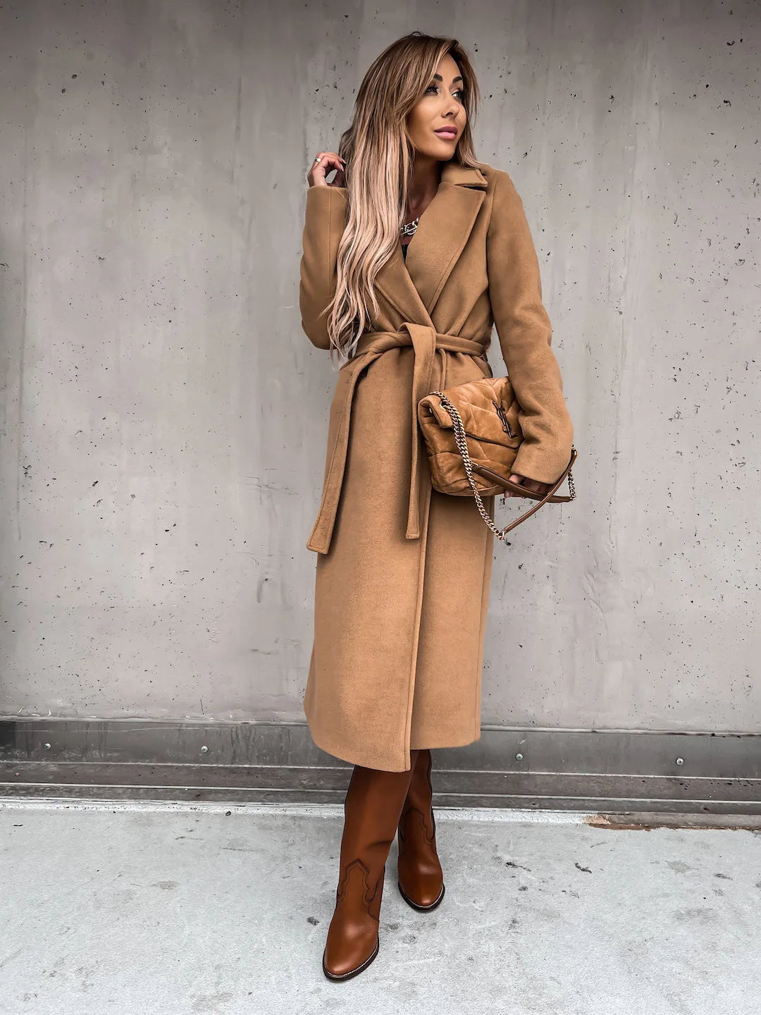 Women's Belted Midi Coat with Notch Lapel Open Front 6