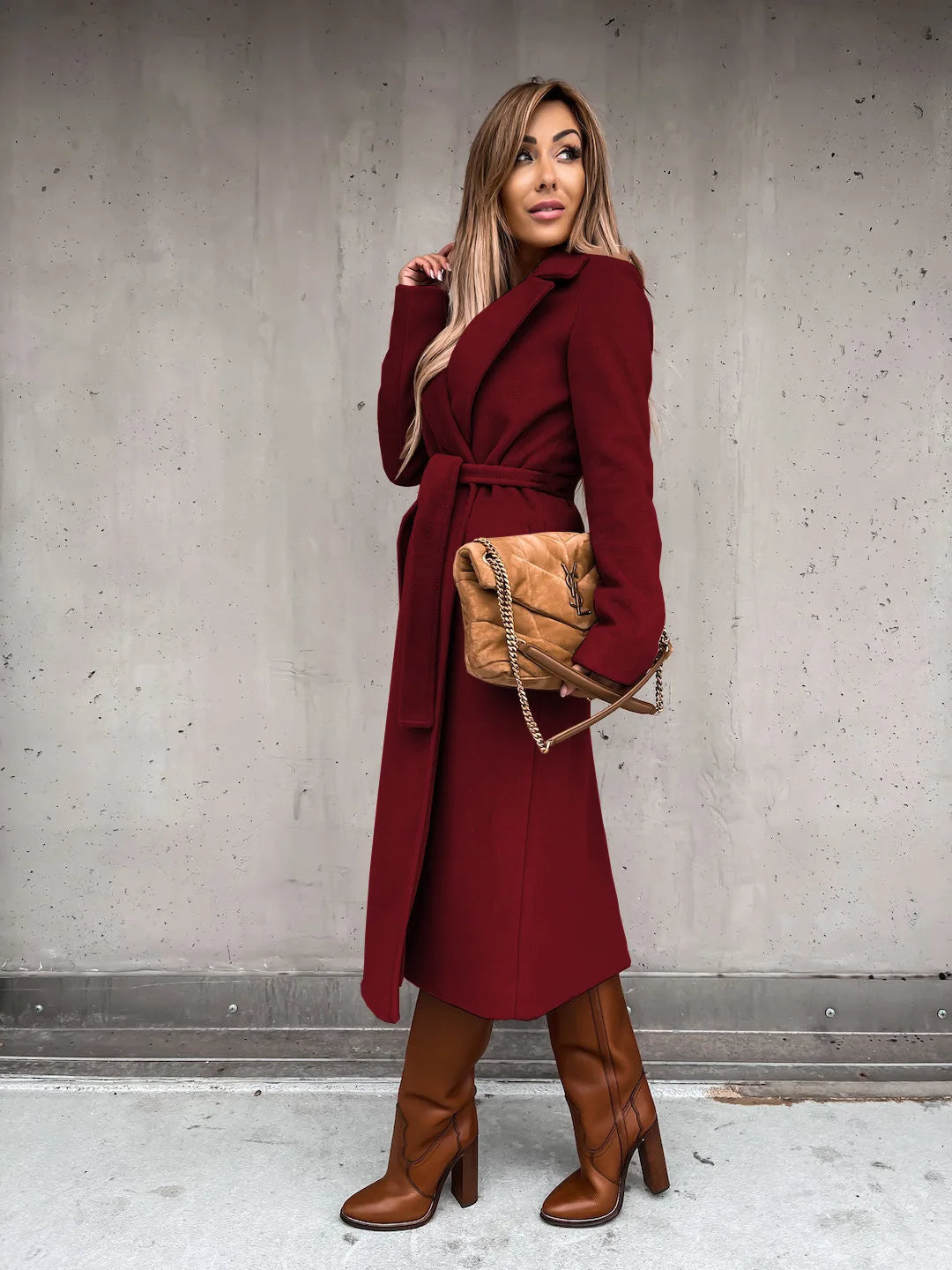 Women's Belted Midi Coat with Notch Lapel Open Front 7