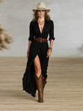 Crissanta | Long Belted Dress With Pleated Lapels 2