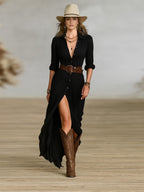 Crissanta | Long Belted Dress With Pleated Lapels 2