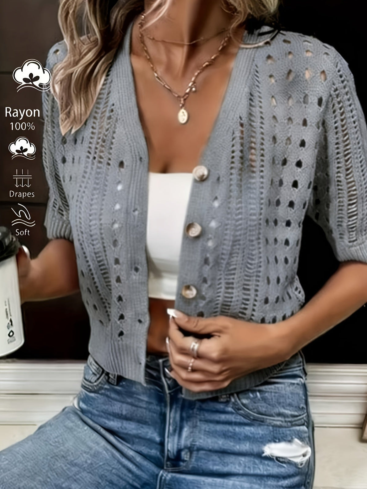 Women's Open-Knit Short-Sleeve Cardigan Button-Front 19