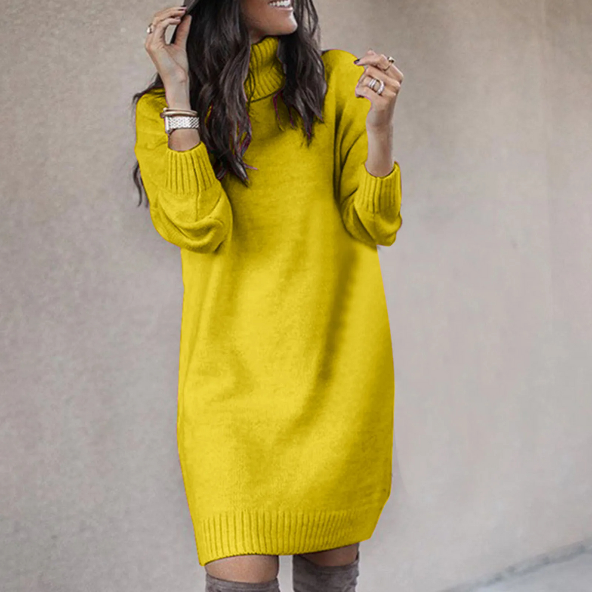 Women's Turtleneck Knit Sweater Dress with Long Sleeves 5