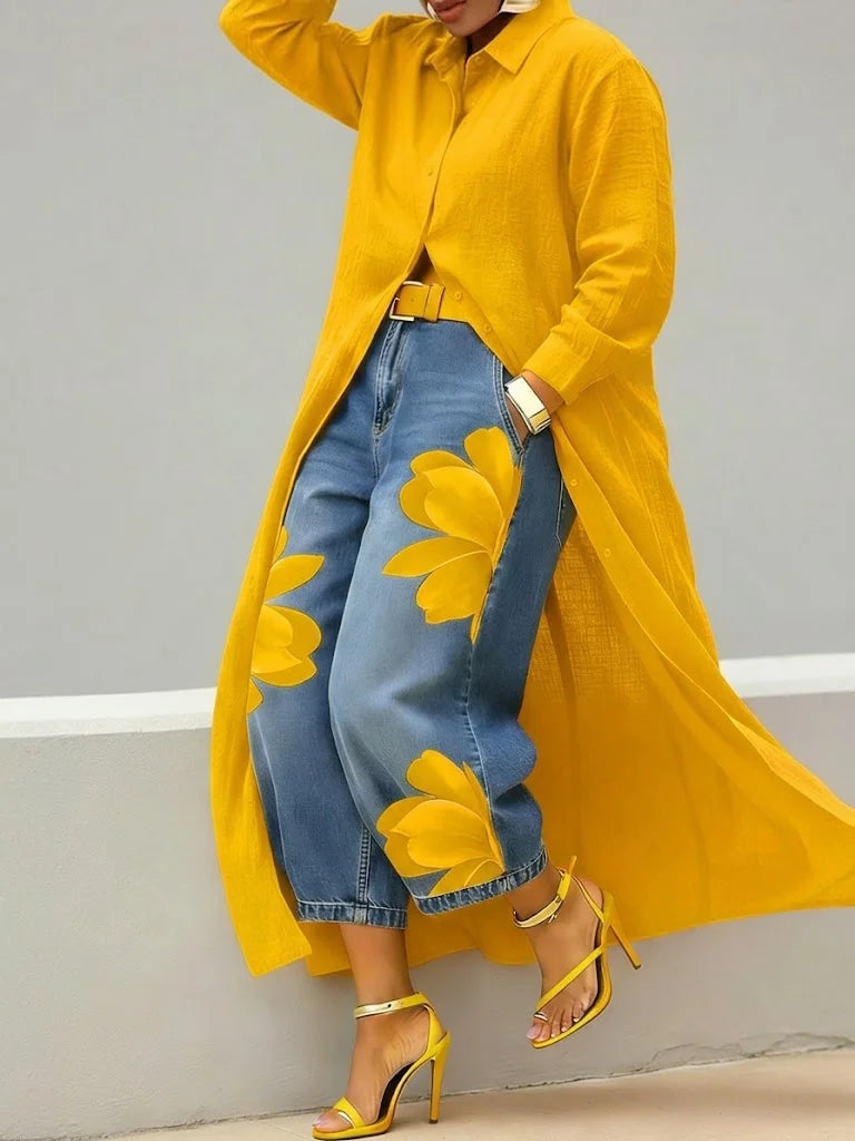 Mallory |  Stylish Shirt Dress and Floral Jeans Set 4