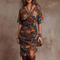 Aveline | Abstract Print Wrap V-Neck Ruched Midi Dress 1